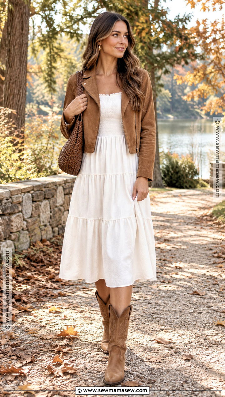 White Midi Dress And Suede Cowboy Boots Fall Outfit - 25 Cowboy Boots Outfit Fall