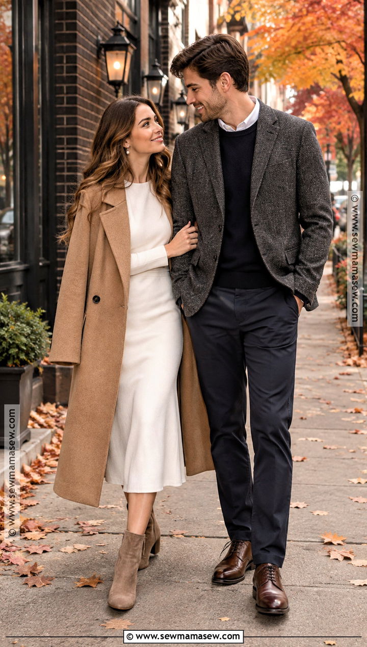 White Midi Dress And Wool Coat Engagement Outfit - 15 fall city engagement pictures outfit ideas