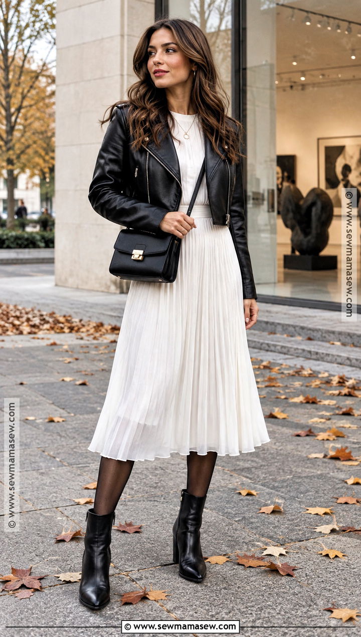 White Midi Dress With Black Leather Jacket - 20 white dress fall outfit ideas