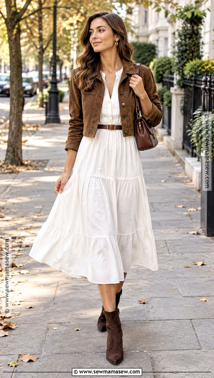 White Midi Dress With Brown Suede Jacket - 20 white dress autumn outfit ideas