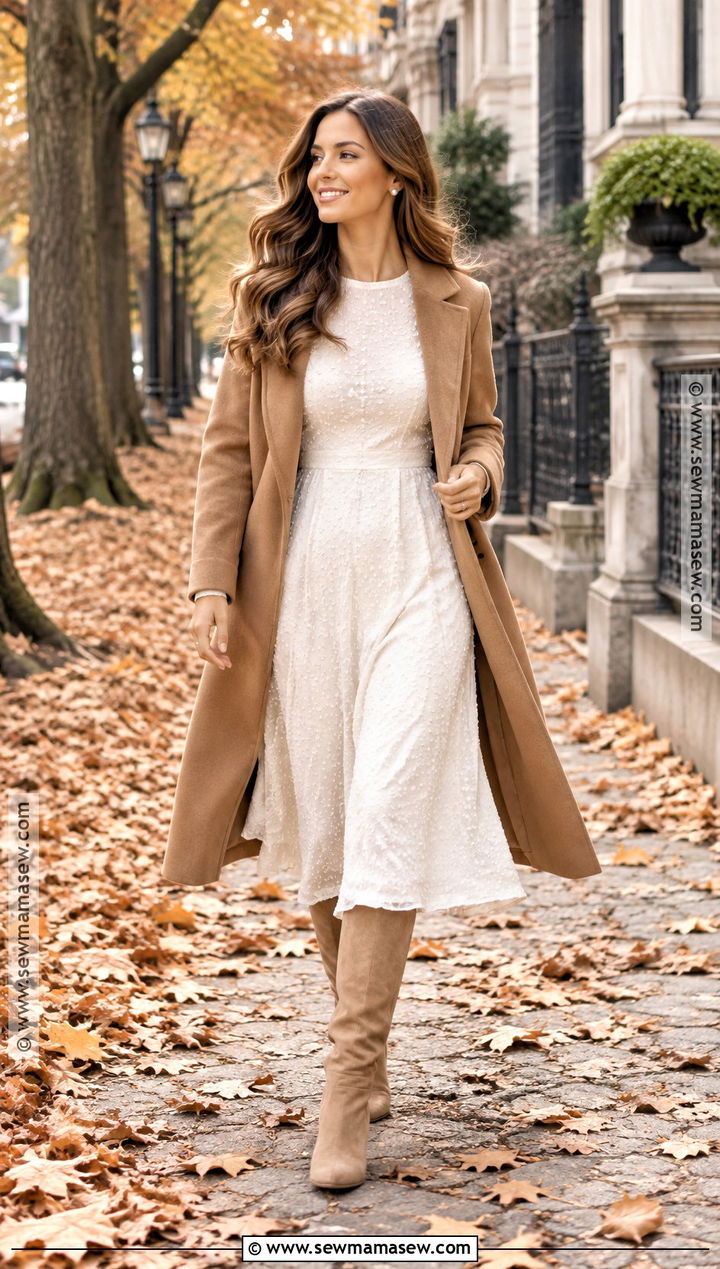 White Midi Dress With Camel Coat - 15 engagement photo dress fall ideas