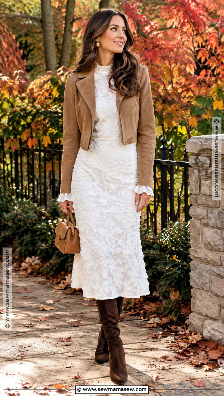 White Midi Fall Engagement Dress With Camel Jacket - 20 fall engagement dress ideas