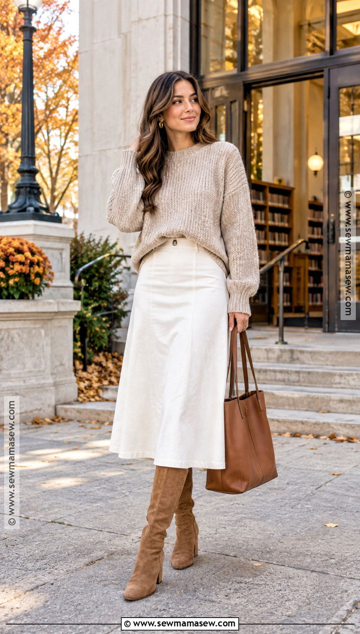 White Midi Skirt With Chunky Knit Sweater - 20 fall white skirt outfits