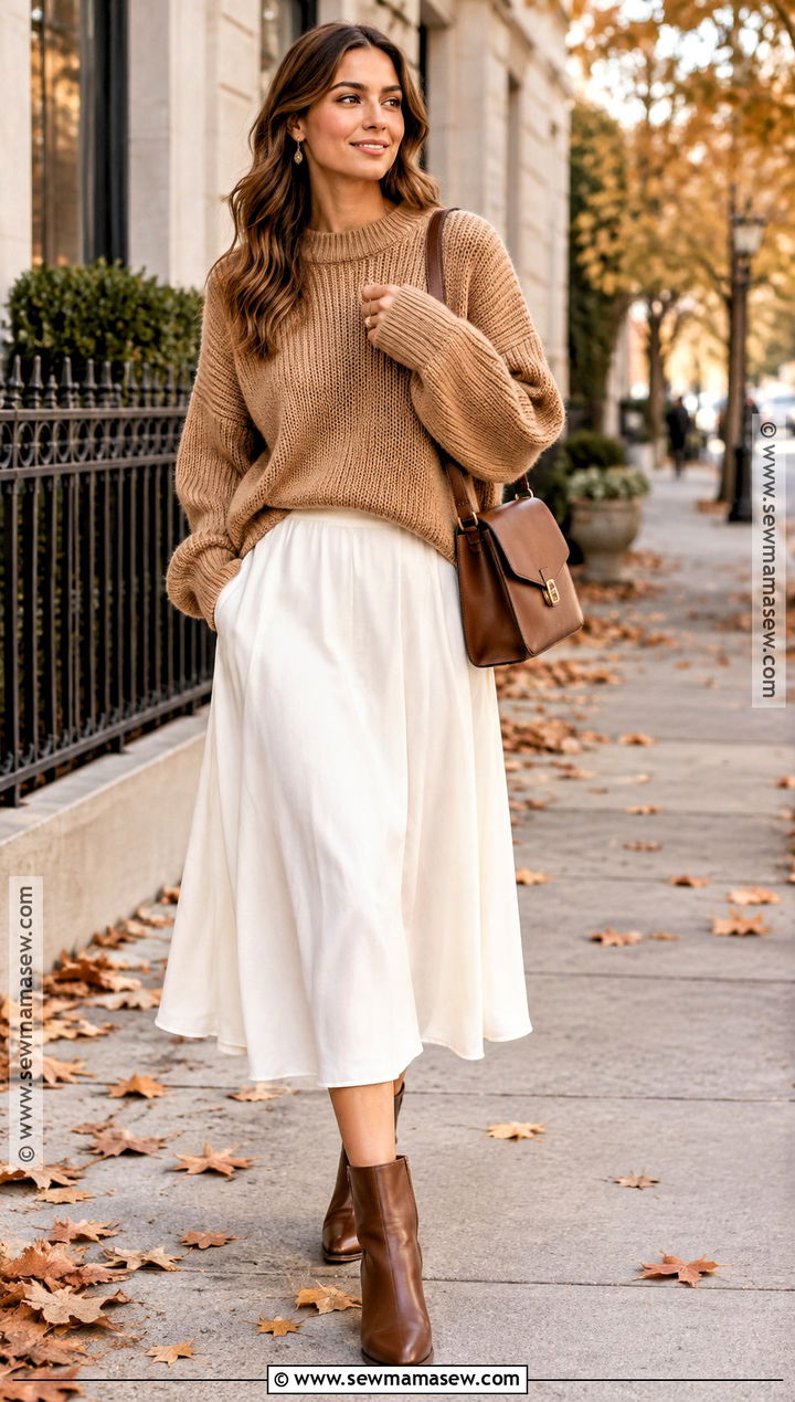 White Midi Skirt With Chunky Sweater - 25 white skirt outfit autumn ideas