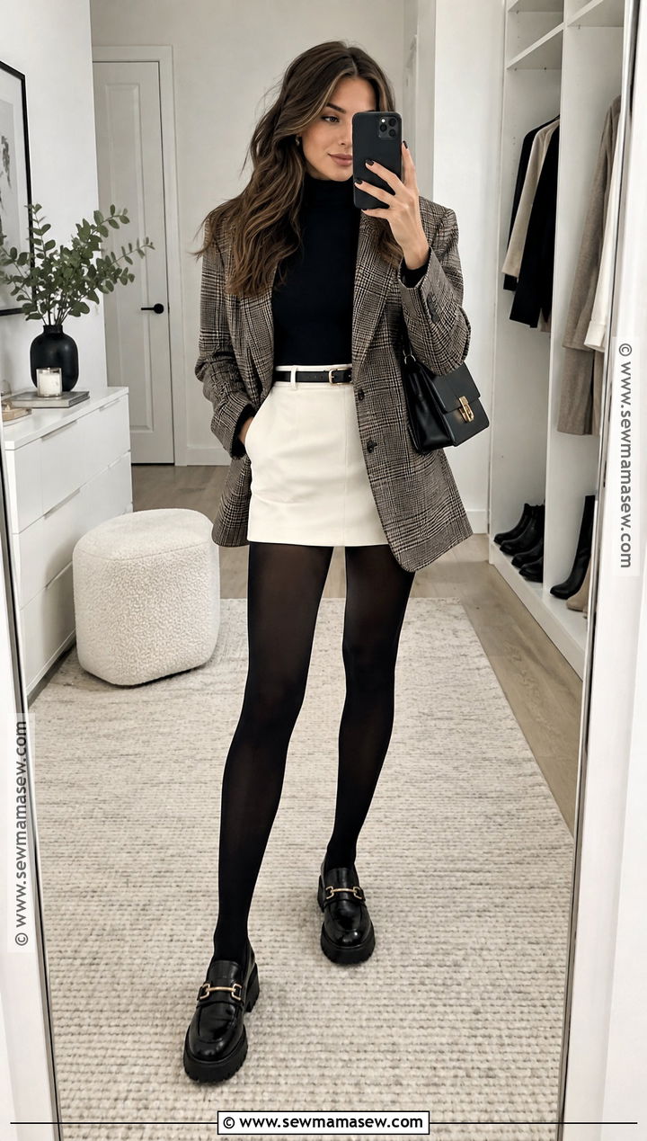 White Mini Skirt With Oversized Blazer - 20 fall white skirt outfits