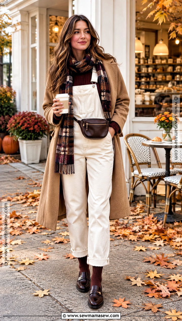 White Overall Outfit With Burgundy Sweater - 20 overall outfit fall ideas