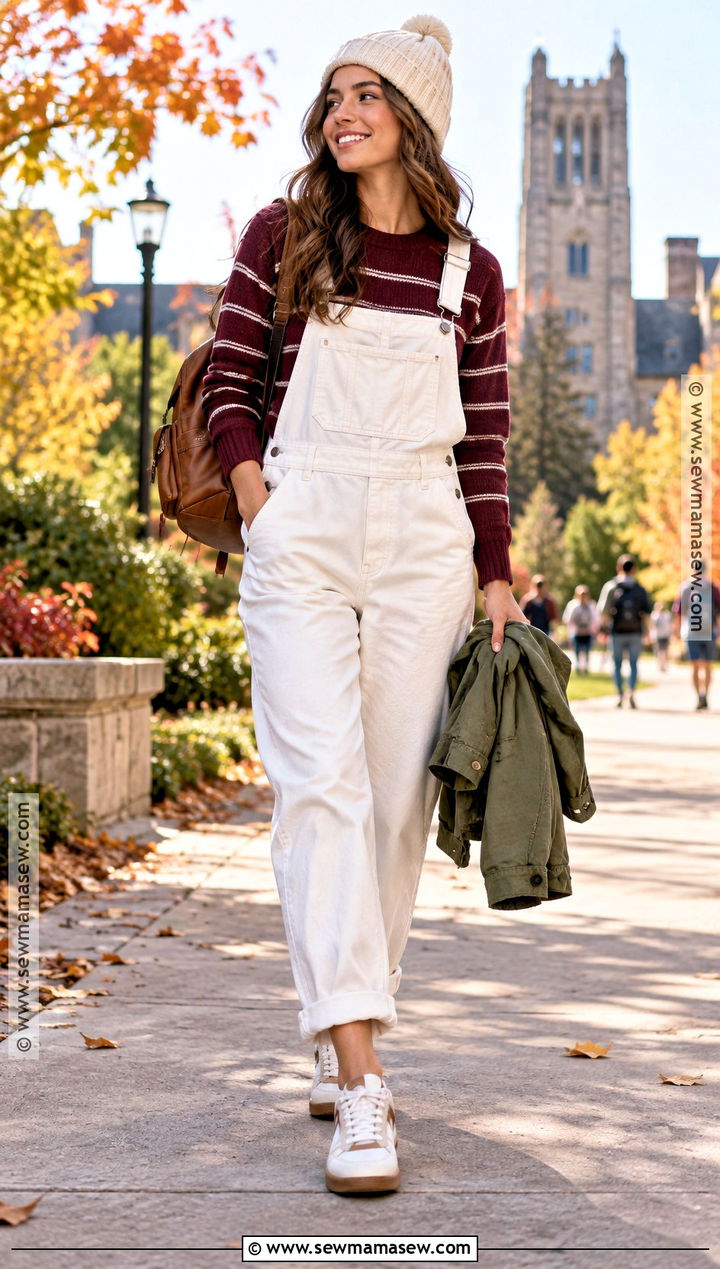 White Overalls With Striped Sweater And Sneakers - 25 white fall outfit ideas