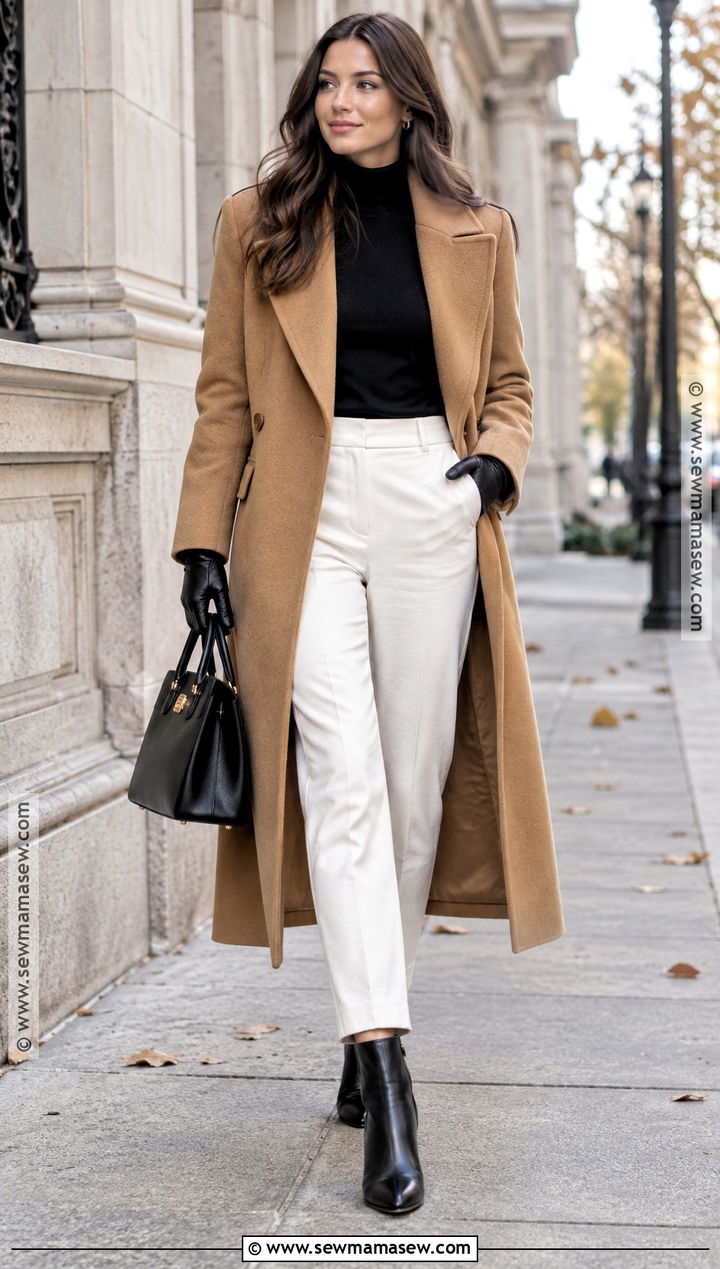 White Pants With A Long Wool Coat And Boots - 20 White Pant Fall Outfit Ideas