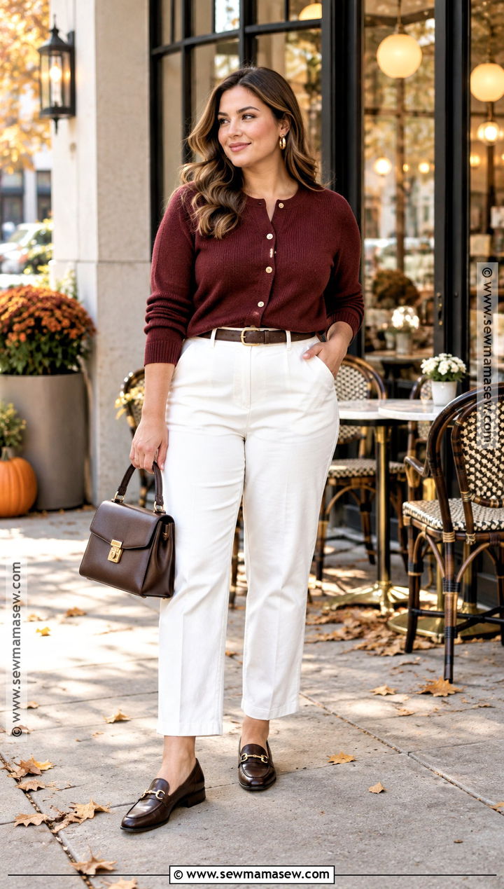 White Pants With Burgundy Cardigan - 20 white pants autumn outfit