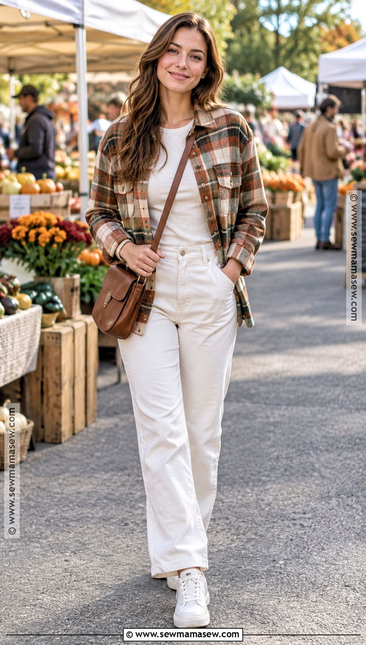 White Pants With Plaid Shacket - 15 White Pants For Fall