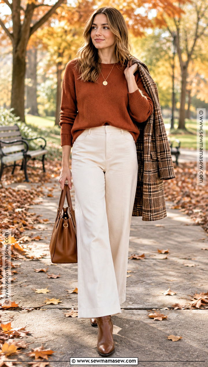 White Pants With Rust Sweater - 25 white pants fall outfit