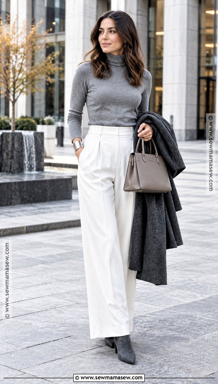 White Pants With a Gray Turtleneck - 25 white pants outfit fall