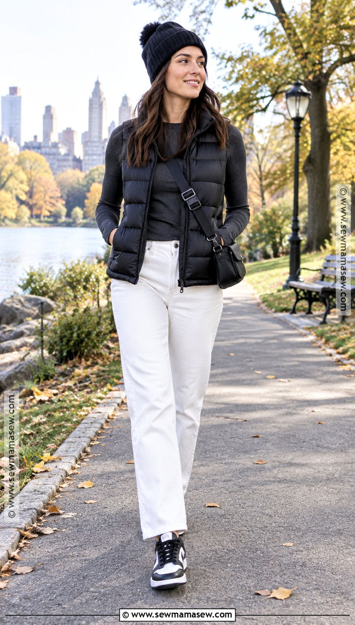 White Pants With a Puffer Vest - 25 white pants outfit fall