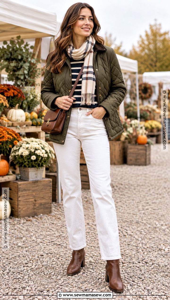 White Pants With a Quilted Jacket - 25 white pants outfit fall