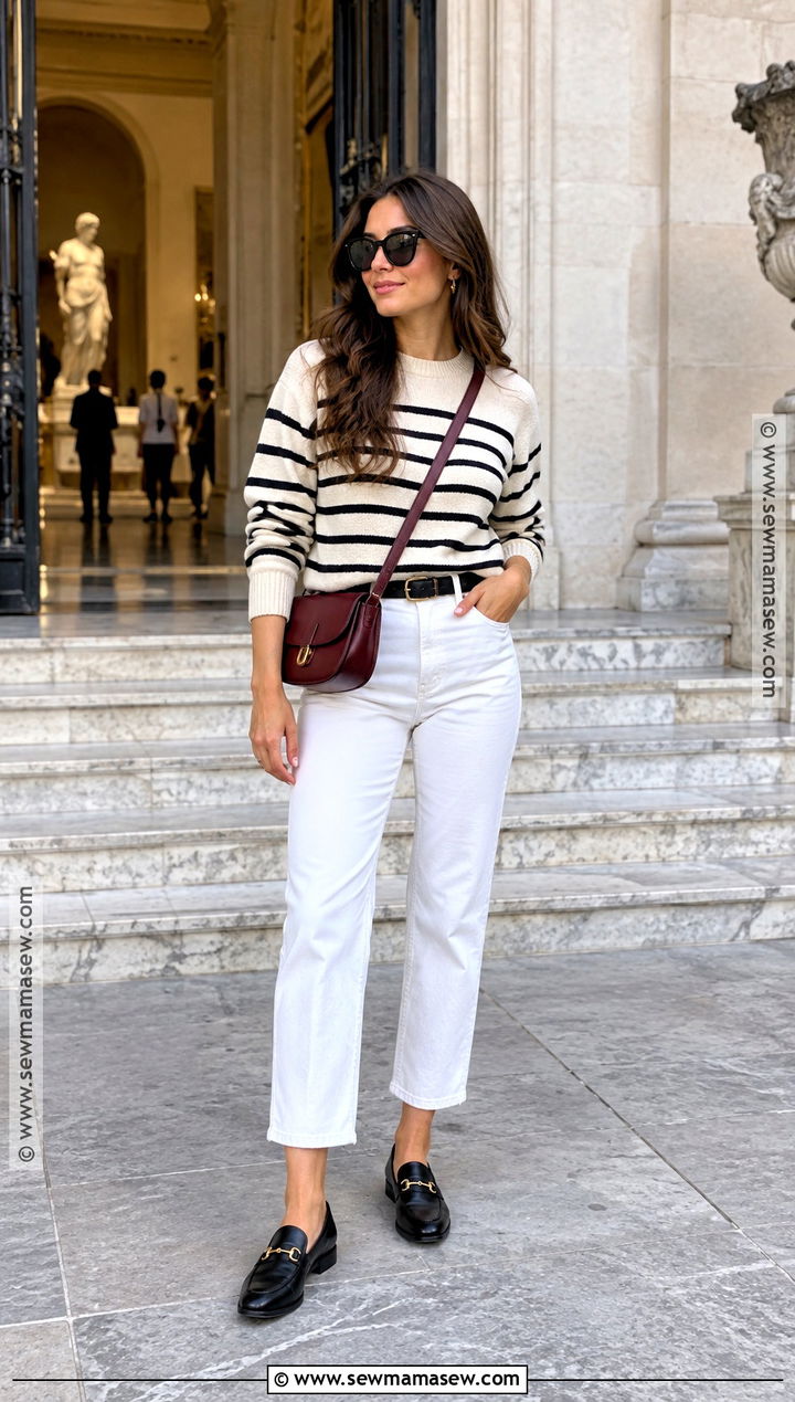 White Pants With a Striped Sweater - 25 white pants outfit fall