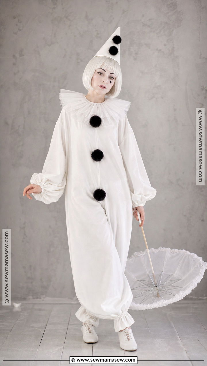 White Pierrot Clown Costume With Ruffled Collar - 30 white costume ideas for women