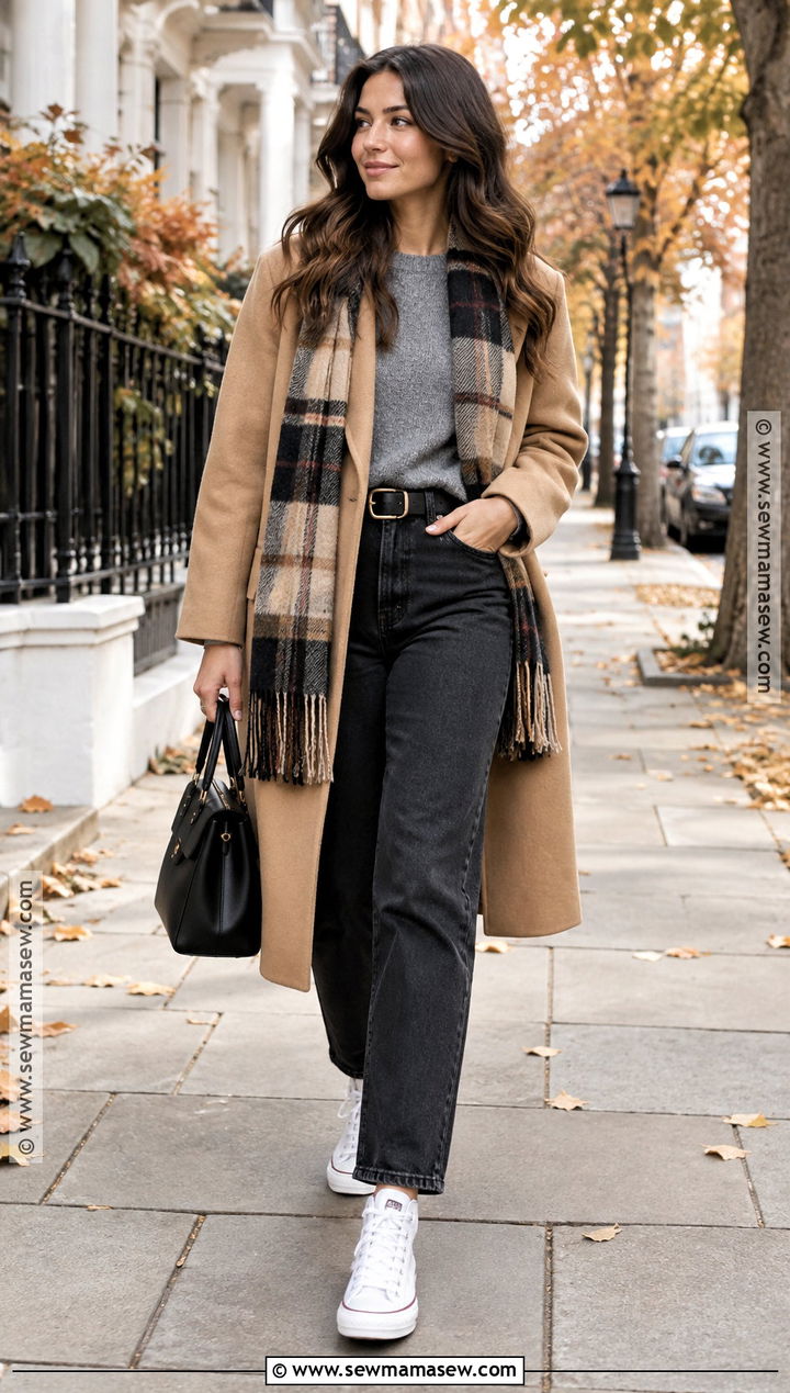 White Platform Converse With Black Jeans and Camel Coat - 15 white platform converse outfit fall ideas