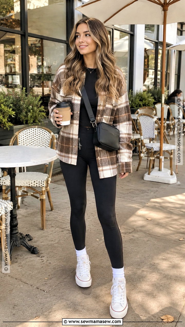 White Platform Converse With Black Leggings and Plaid Shacket - 15 white platform converse outfit fall ideas