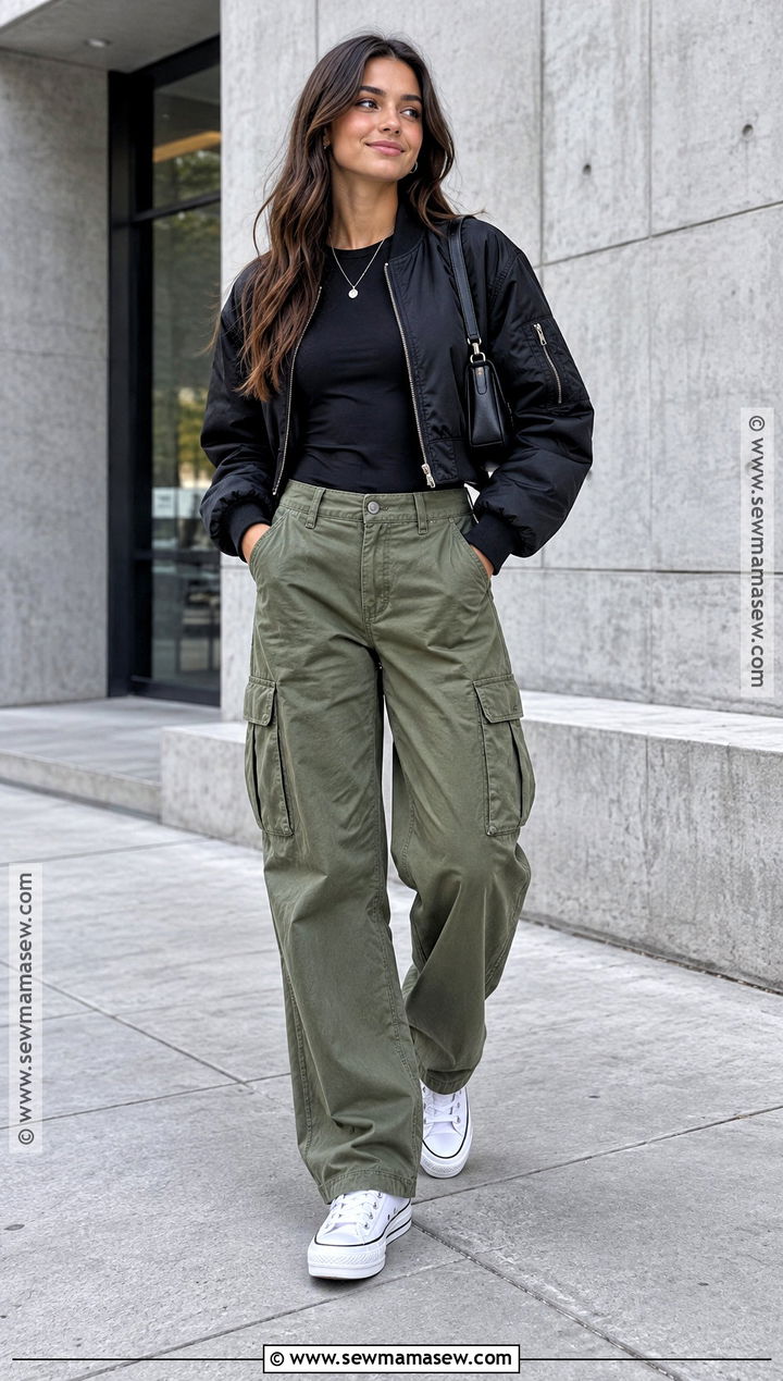 White Platform Converse With Cargo Pants And Bomber Jacket - 20 platform converse outfit fall ideas