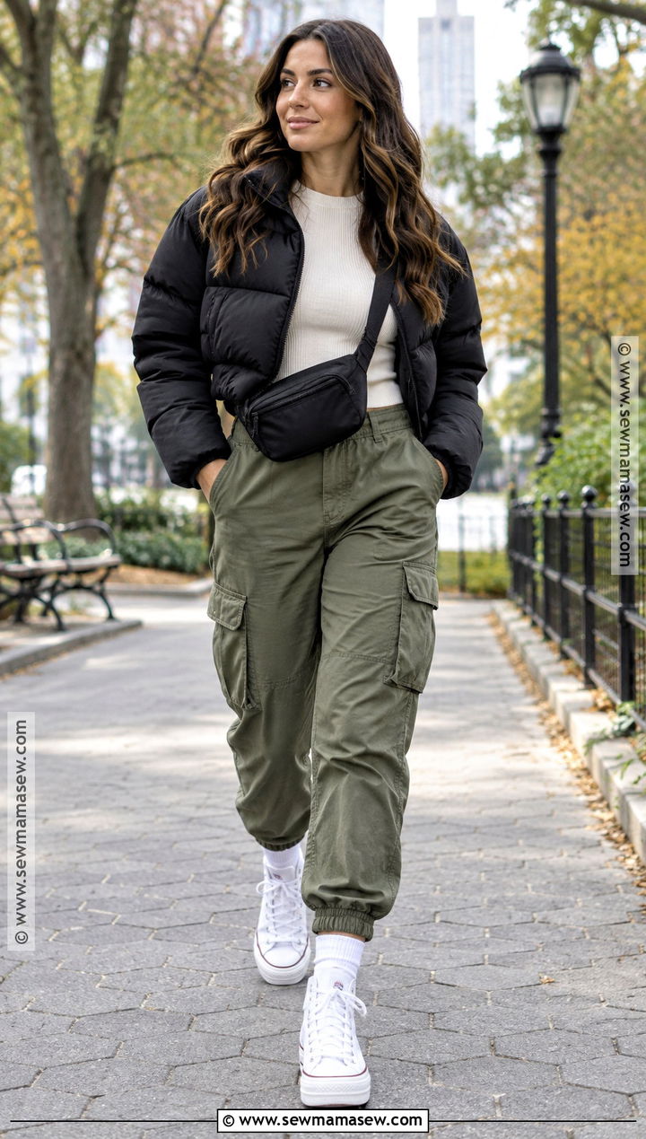 White Platform Converse With Cargo Pants and Cropped Puffer - 15 white platform converse outfit fall ideas