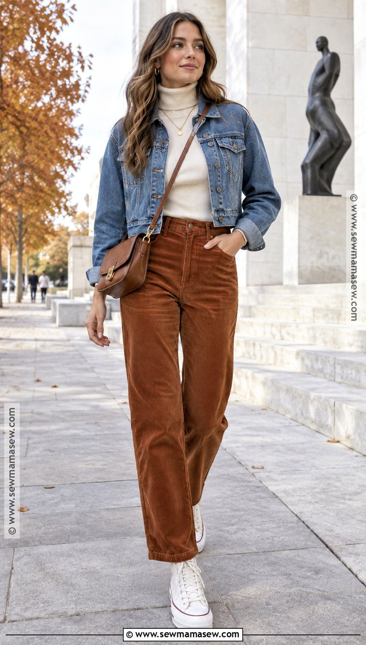 White Platform Converse With Corduroy Pants and Turtleneck - 15 white platform converse outfit fall ideas