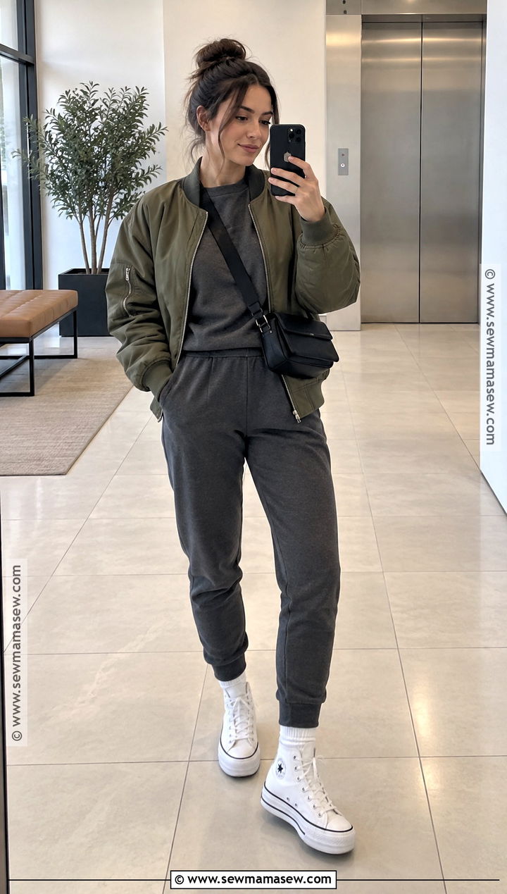 White Platform Converse With Joggers and Bomber Jacket - 15 white platform converse outfit fall ideas