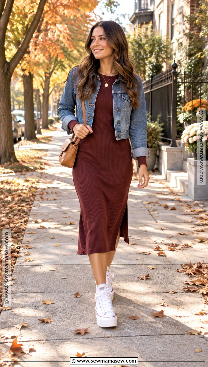 White Platform Converse With Midi Dress and Denim Jacket - 15 white platform converse outfit fall ideas