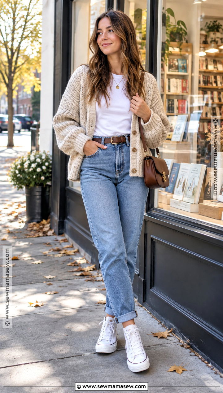 White Platform Converse With Mom Jeans and Cardigan - 15 white platform converse outfit fall ideas
