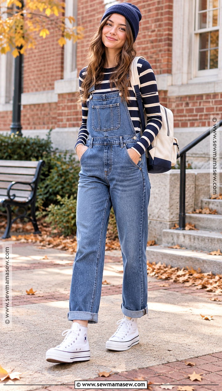 White Platform Converse With Overalls and Striped Long Sleeve Top - 15 white platform converse outfit fall ideas
