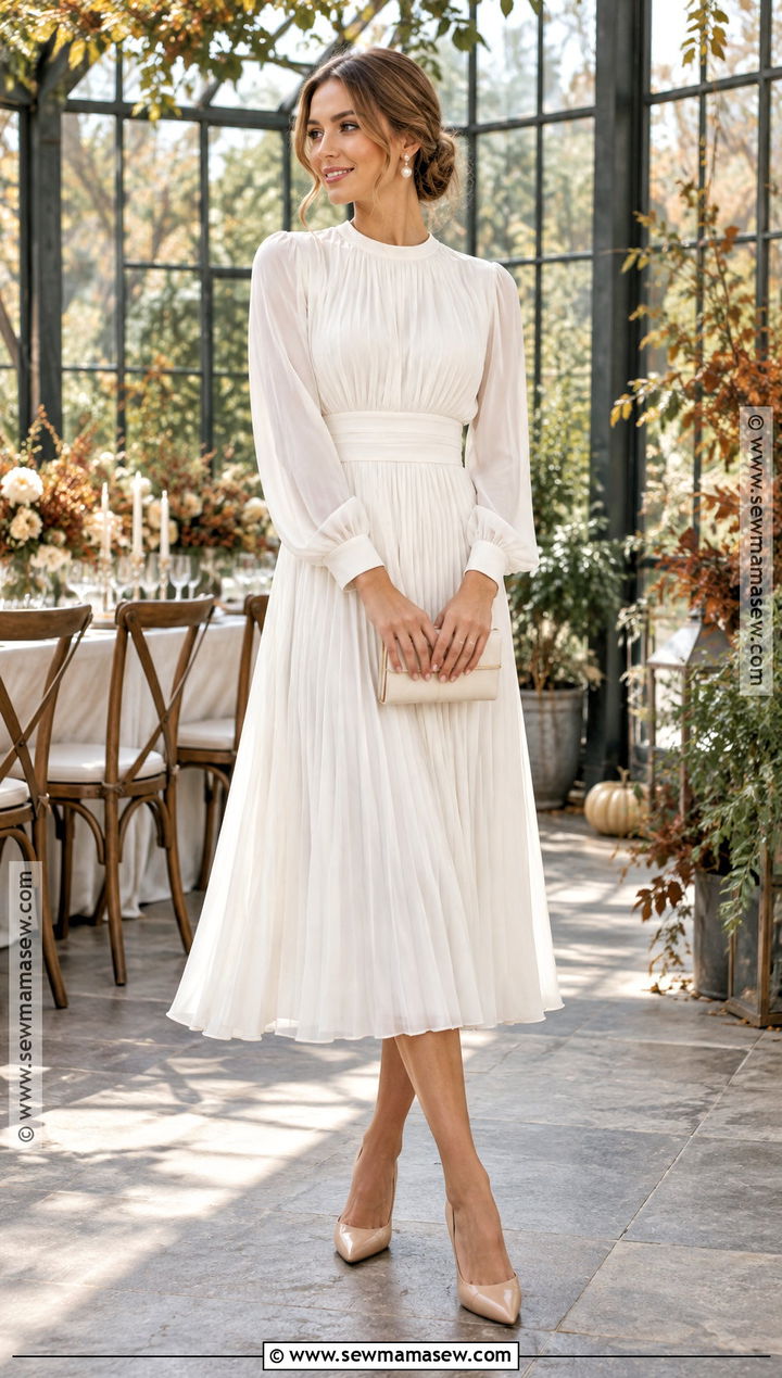 White Pleated Chiffon Midi Dress - 20 fall bridal shower dress for bride ideas