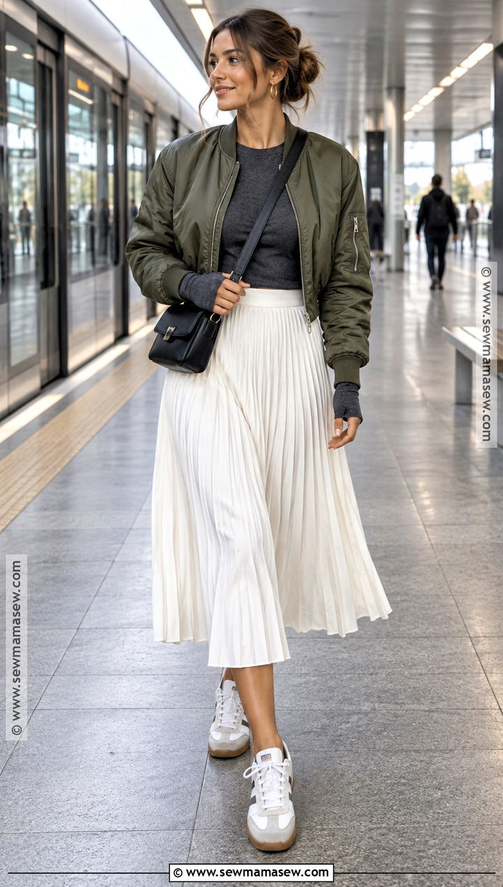 White Pleated Skirt With Bomber Jacket - 25 white skirt outfit autumn ideas