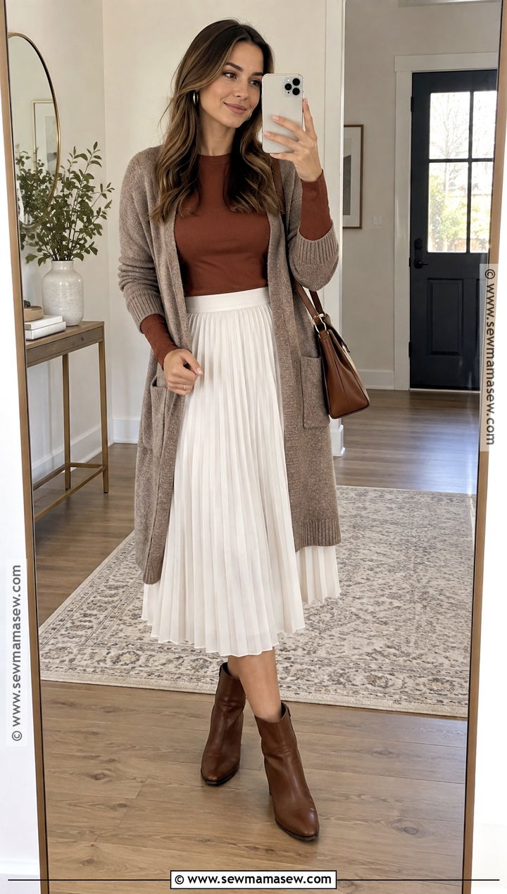 White Pleated Skirt With Long Cardigan And Ankle Boots - 15 White Pleated Skirt Outfit Fall Ideas