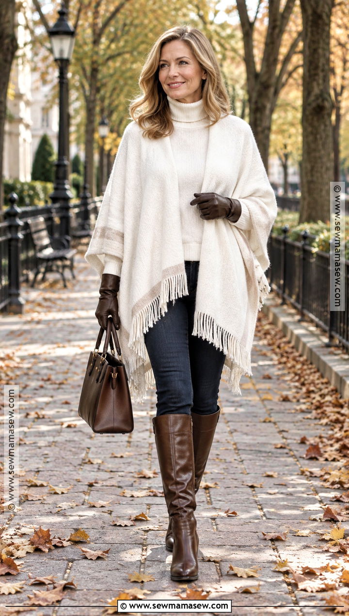 White Poncho With Skinny Jeans And Riding Boots - 25 white fall outfit ideas