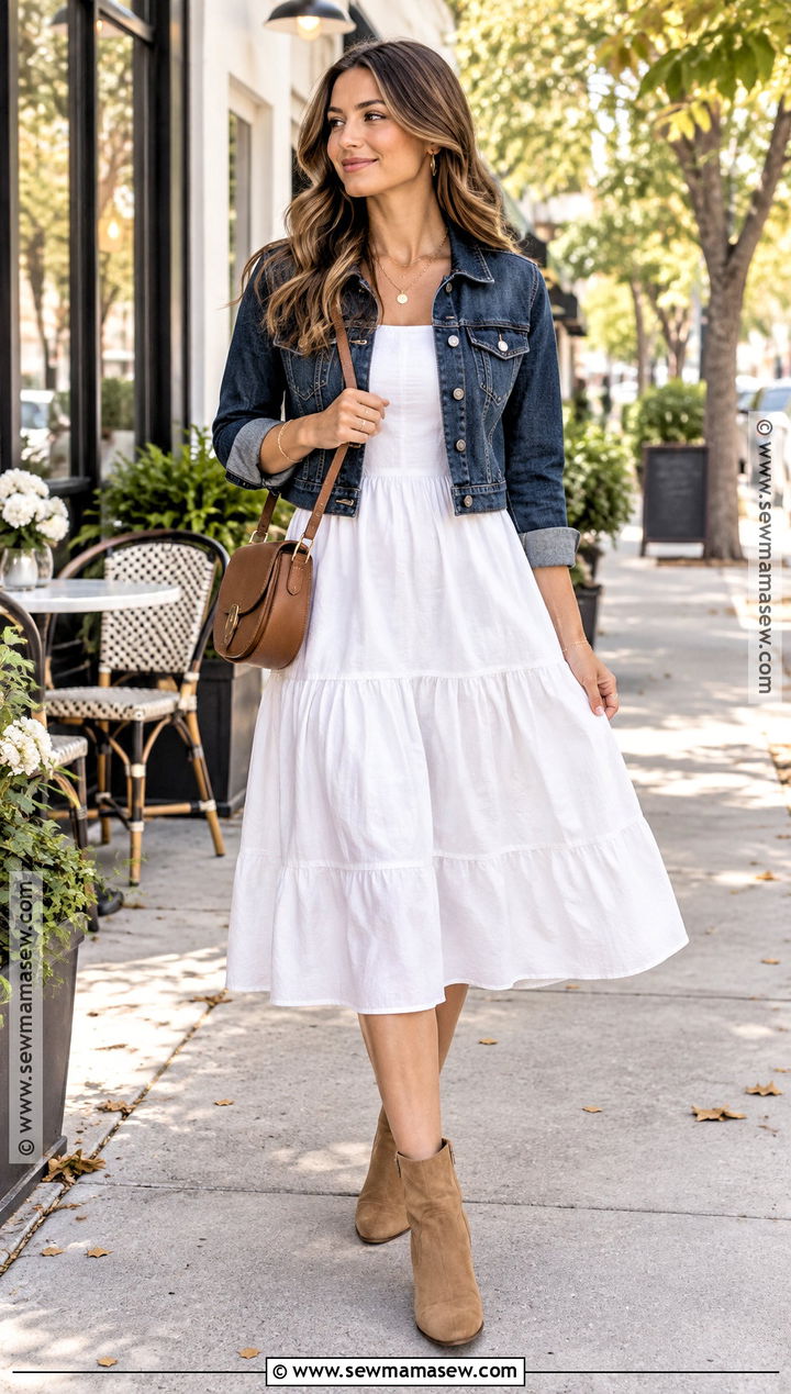 White Poplin Dress With Denim Jacket - 15 fall white dresses