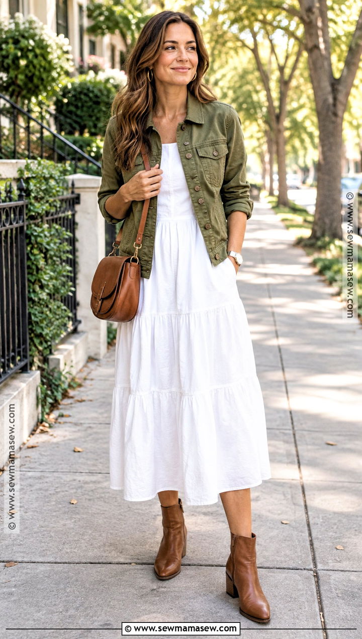 White Poplin Dress With Olive Utility Jacket - 20 White Fall Dress Ideas