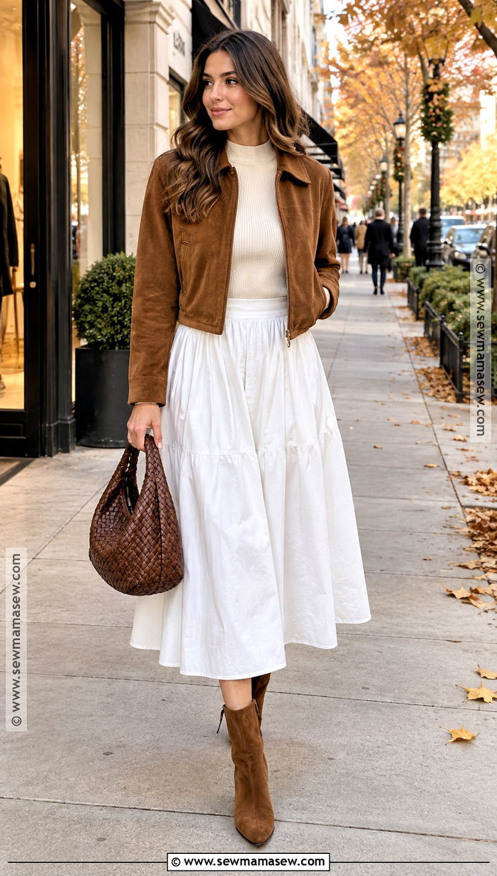 White Poplin Skirt With Suede Jacket - 20 fall outfit white skirt ideas