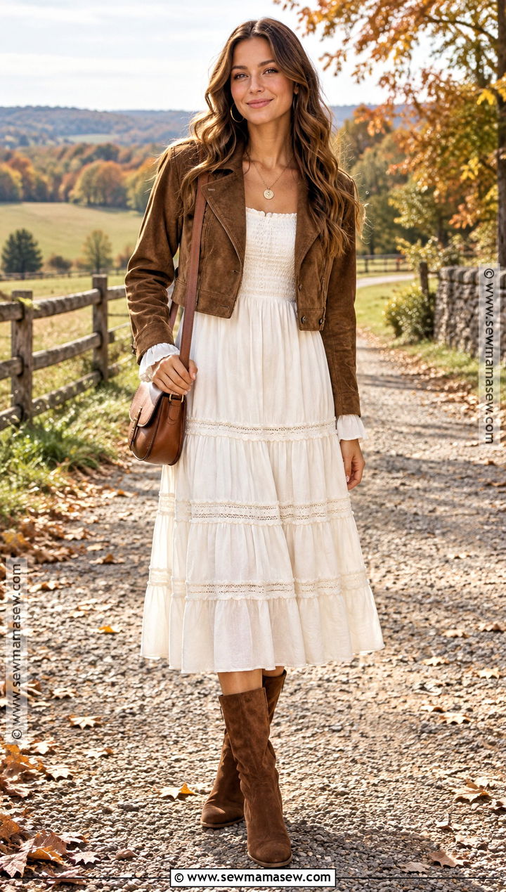 White Prairie Dress With Suede Boots - 20 White Fall Dress Ideas