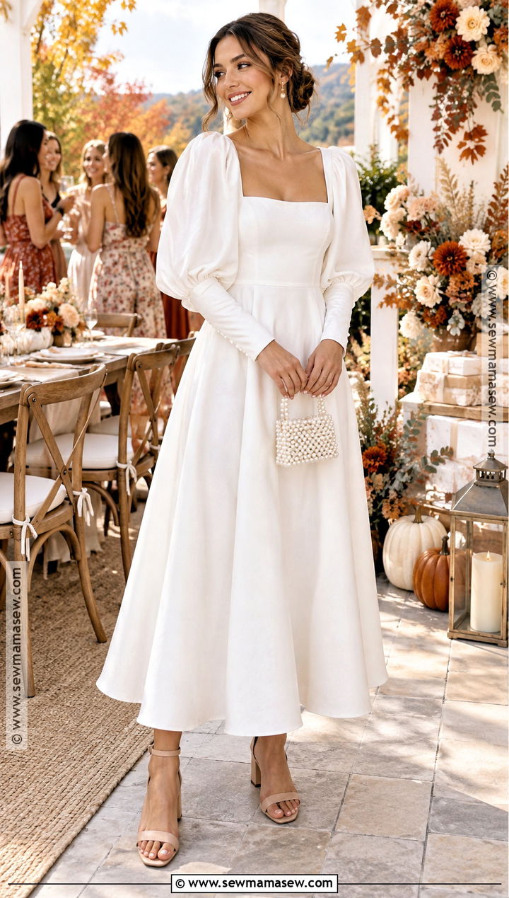 White Puff Sleeve A Line Dress - 20 fall bridal shower dress for bride ideas