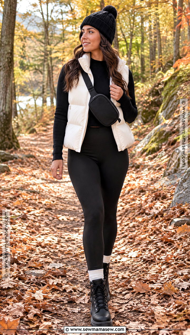 White Puffer Vest And Black Leggings Fall Photo Outfit - 15 Black And White Fall Photo Outfits