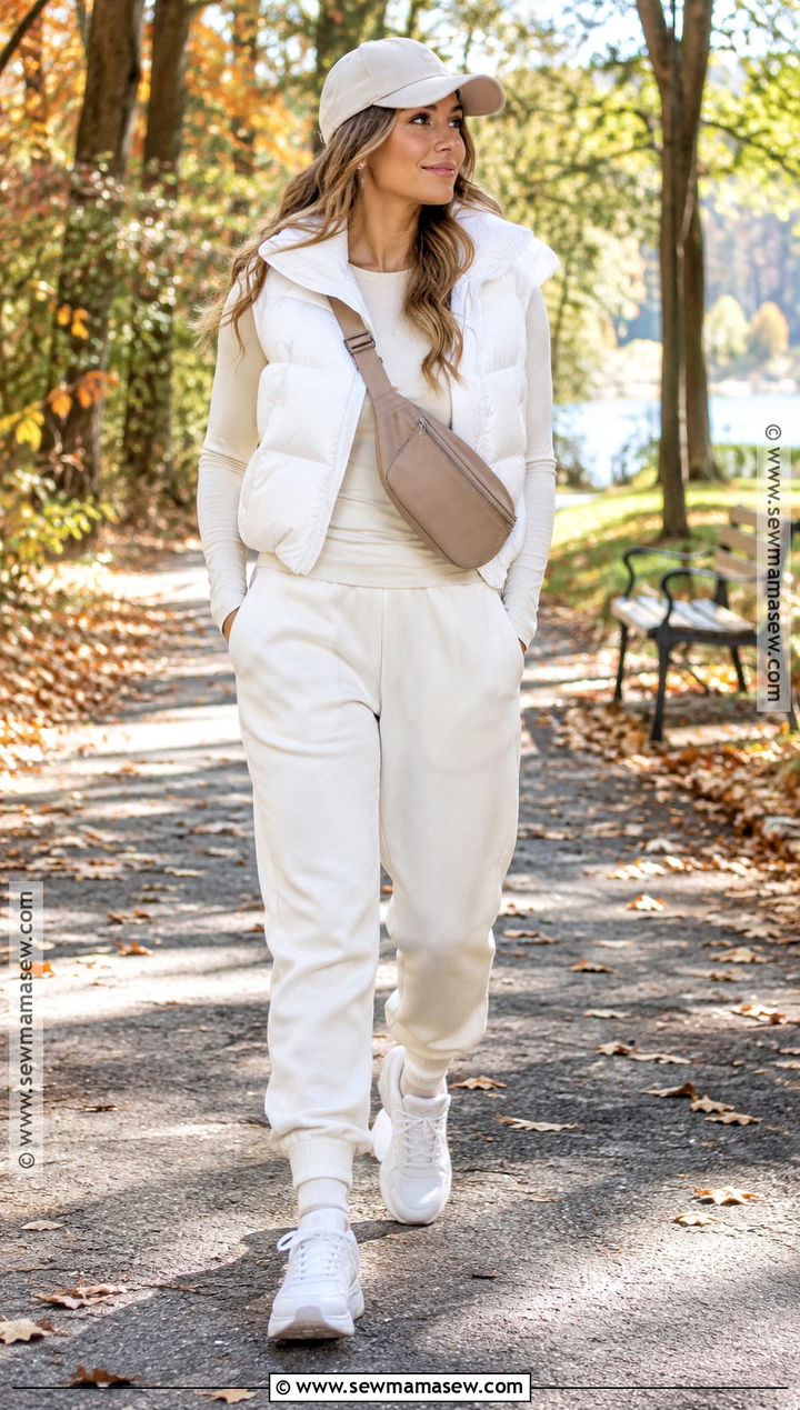 White Puffer Vest And Joggers Outfit - 20 white autumn outfit ideas