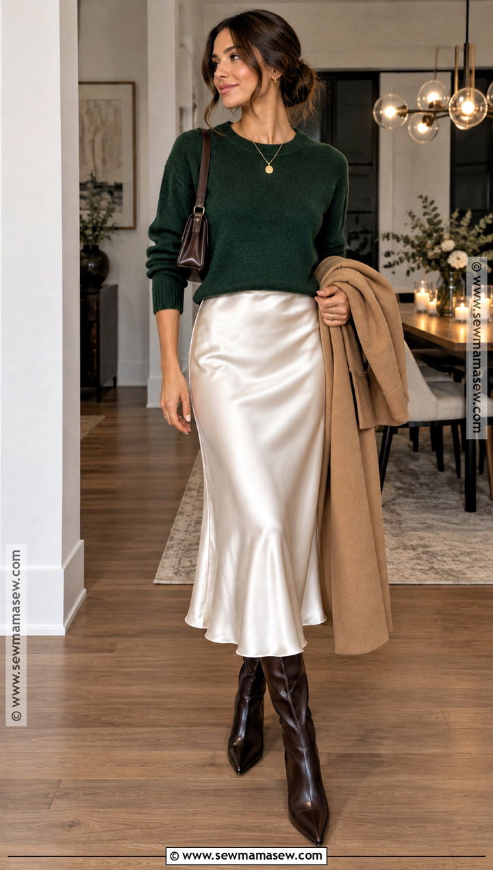 White Satin Dress With Cropped Sweater And Heeled Boots - 20 white dress fall outfit ideas