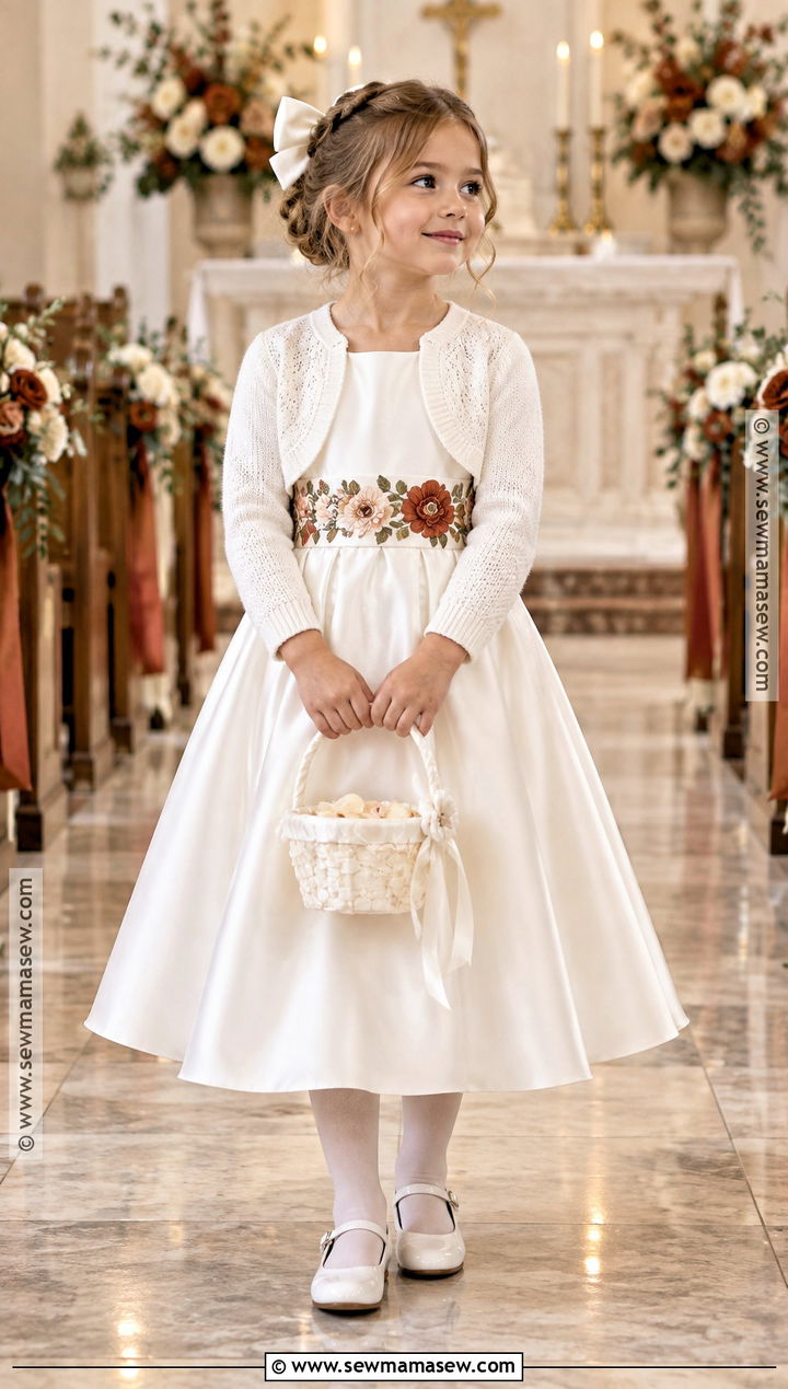 White Satin Flower Girl Dress With Fall Floral Sash - 20 Fall Wedding Flower Girl Dresses