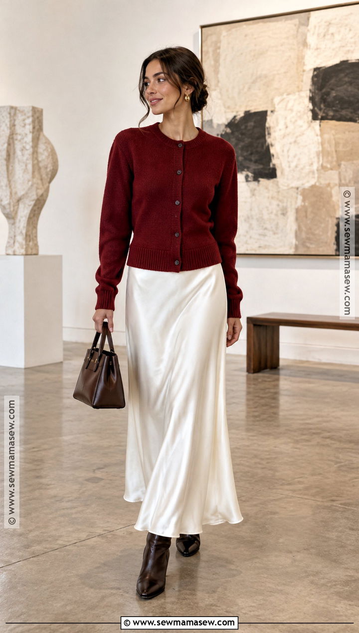 White Satin Maxi Skirt With Red Cardigan - 20 fall outfit white skirt ideas