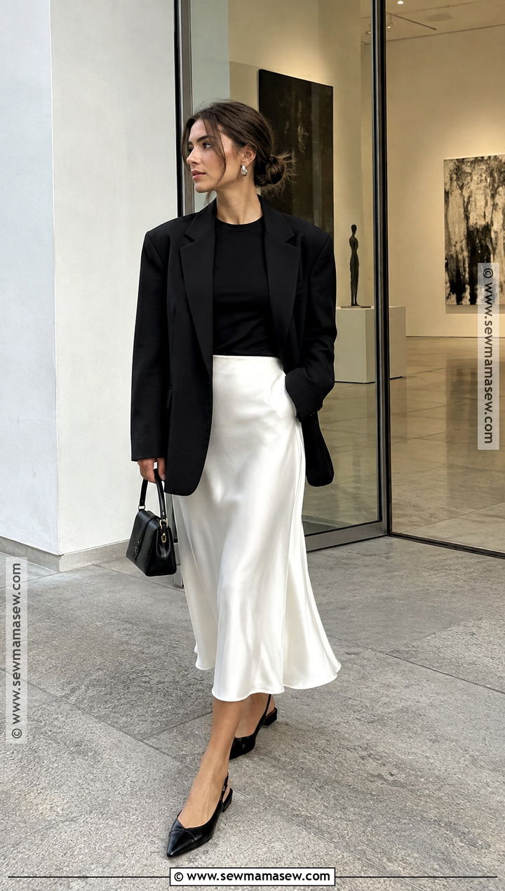 White Satin Skirt With Black Blazer - 25 white skirt fall outfit ideas