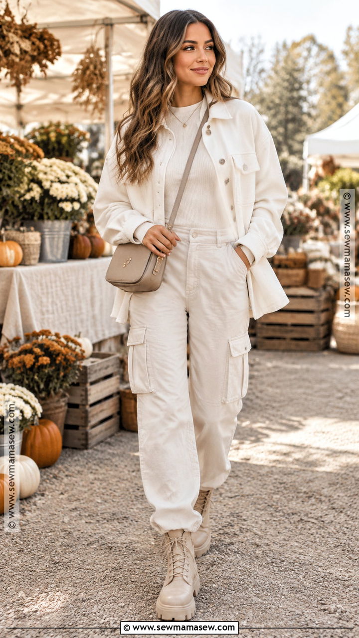 White Shacket and Cargo Pants Outfit - 20 White Fall Outfits for Women