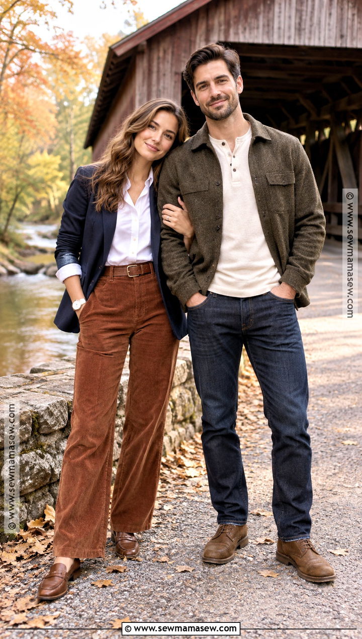 White Shirt And Corduroy Pants Engagement Shoot Outfit - 15 engagement shoot fall outfits