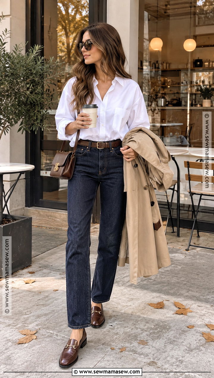 White Shirt And Dark Jeans Fall Outfit - 20 fall minimalist outfit ideas