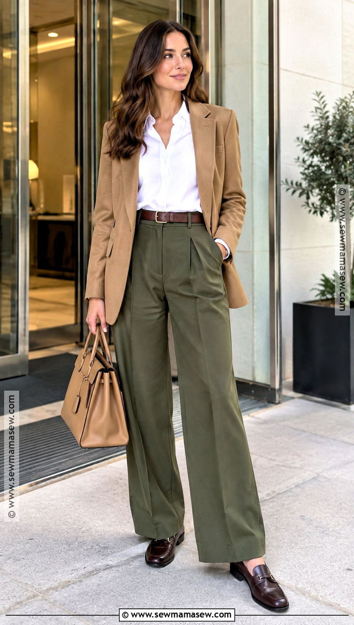 White Shirt And Olive Trousers Autumn Work Outfit - 20 autumn work outfits women professional