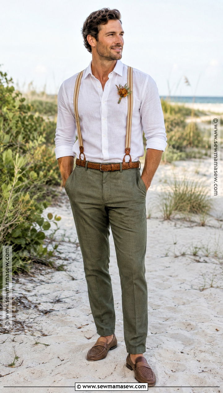 White Shirt And Olive Trousers For A Beach Wedding - 15 fall beach wedding groom attire ideas