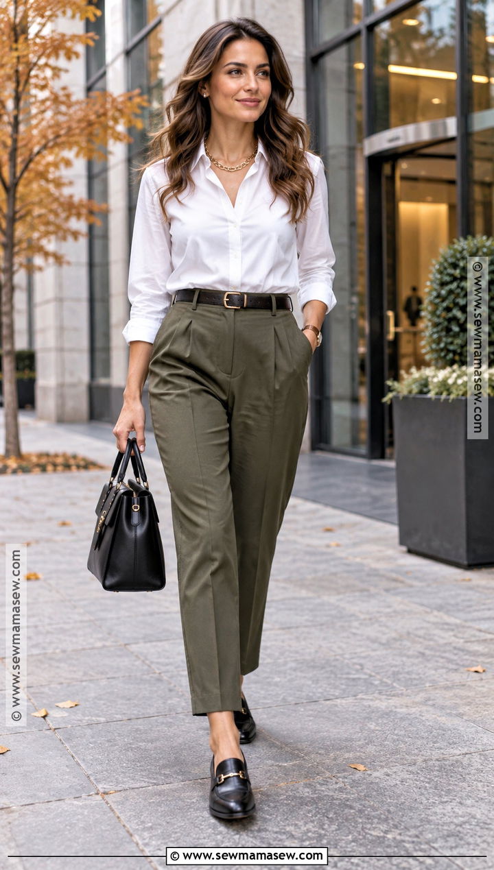 White Shirt And Olive Trousers Office Outfit - 25 autumn office outfit ideas